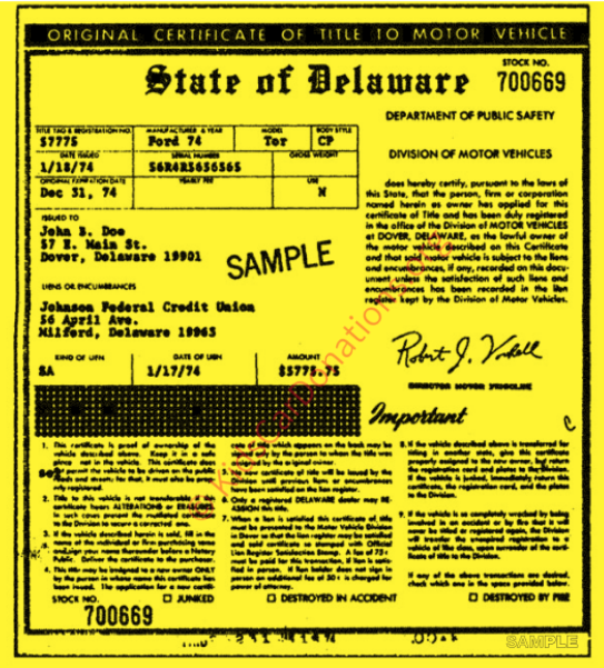 This is an Example of Delaware Certificate of Title (MV-202A) | Kids Car Donations